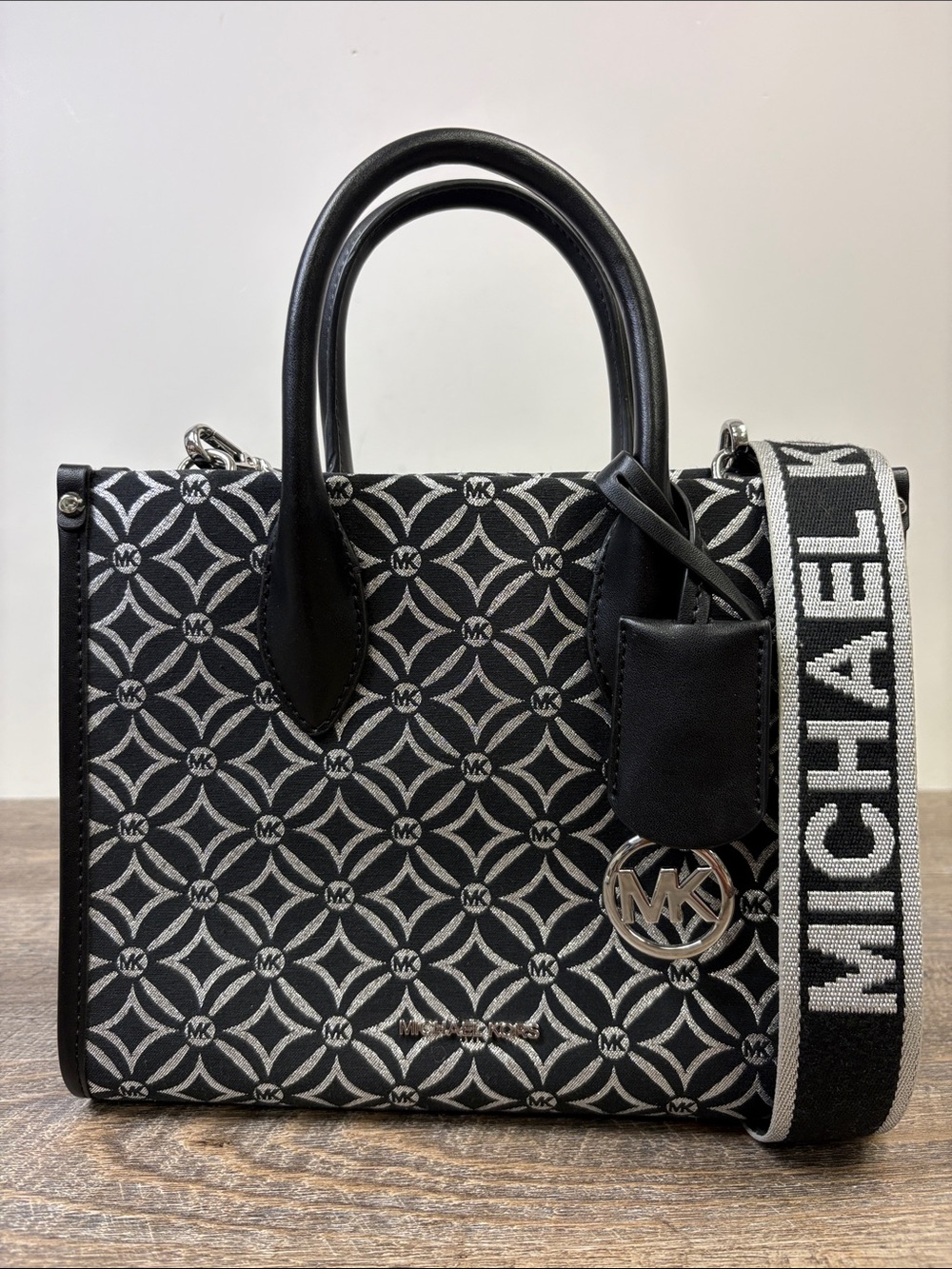 Michael Kors Black Silver Monogram Jacquard Satchel Crossbody Bag